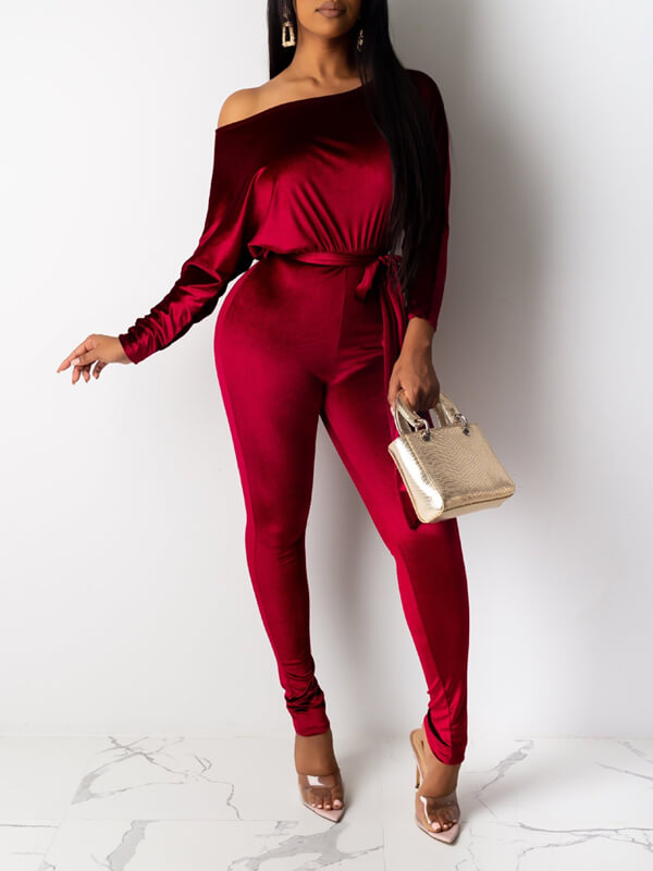 Velvet Boat-Neck Tied Jumpsuit