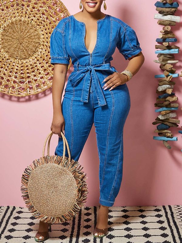 Motionkiller Zip-Front Tied Denim Jumpsuit