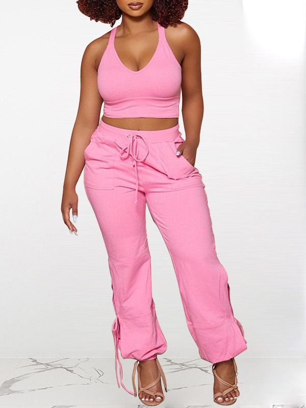 Solid Tank Top & Tied Pants Set