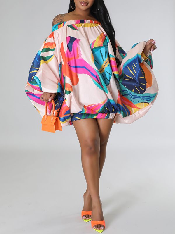 Printed Off-Shoulder Parachute Dress--Clearance