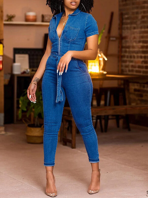 Motionkiller Zip-Front Tied Denim Jumpsuit