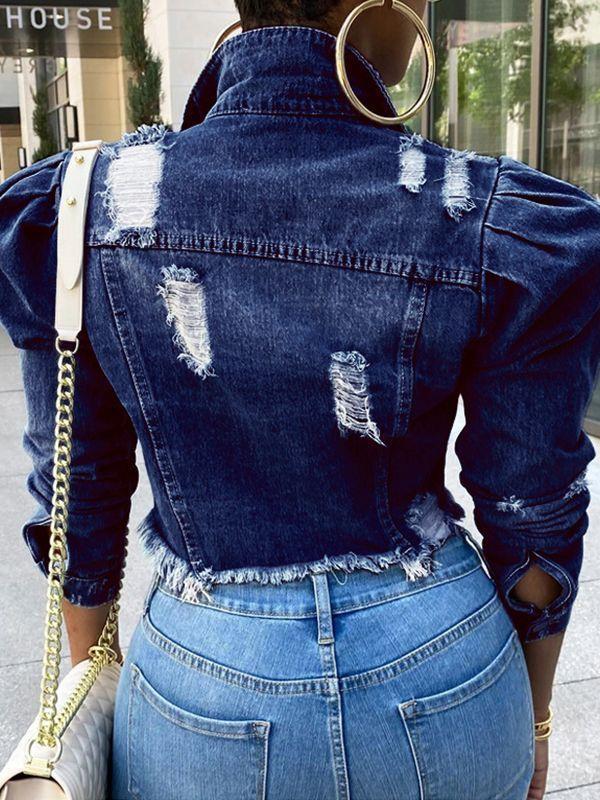 Motionkiller Distressed Puff-Sleeve Denim Jacket