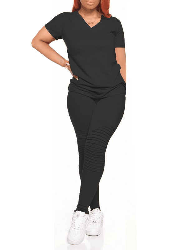 Solid V-Neck Tee & Pants Set--Clearance