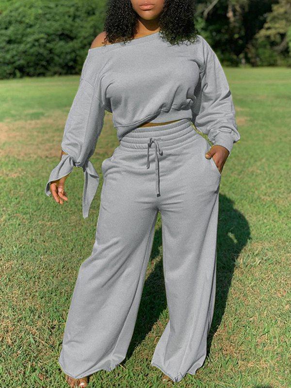 Solid Sweatshirt & Wide-Leg Pants Set--Clearance