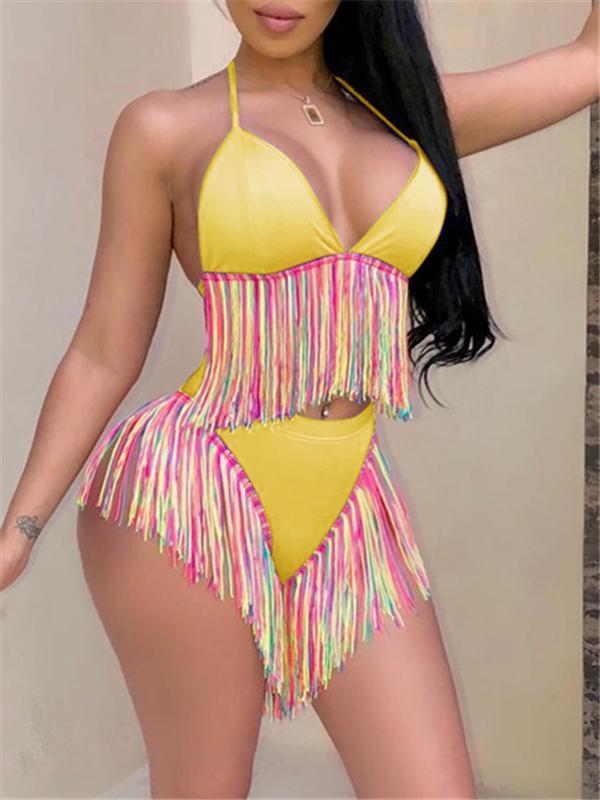 Multicolor Fringe Halter Bikini