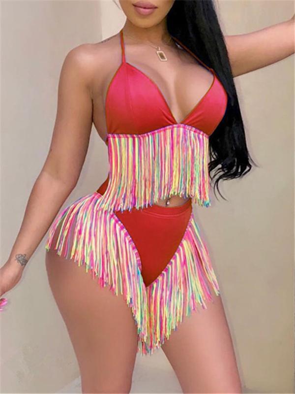 Multicolor Fringe Halter Bikini